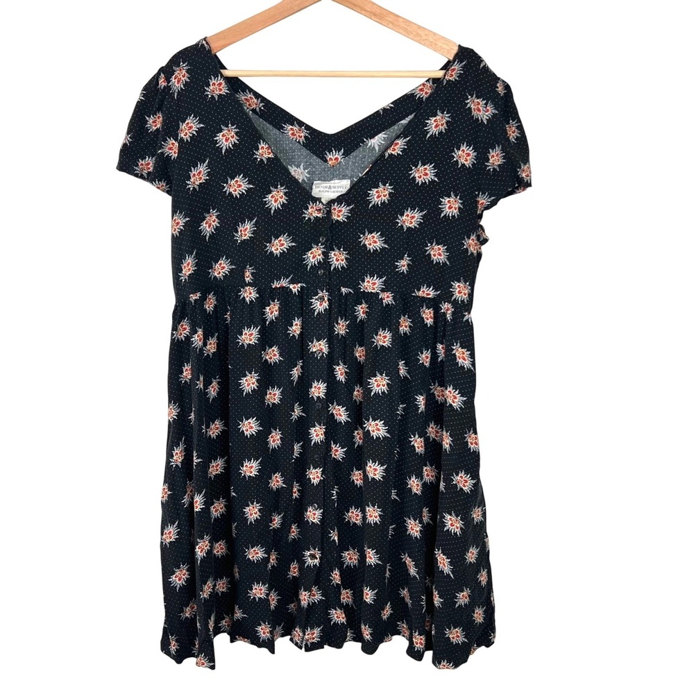 Denim & Supply Ralph Lauren Women‎ Black Floral Polka Dot Babydoll Dress Large